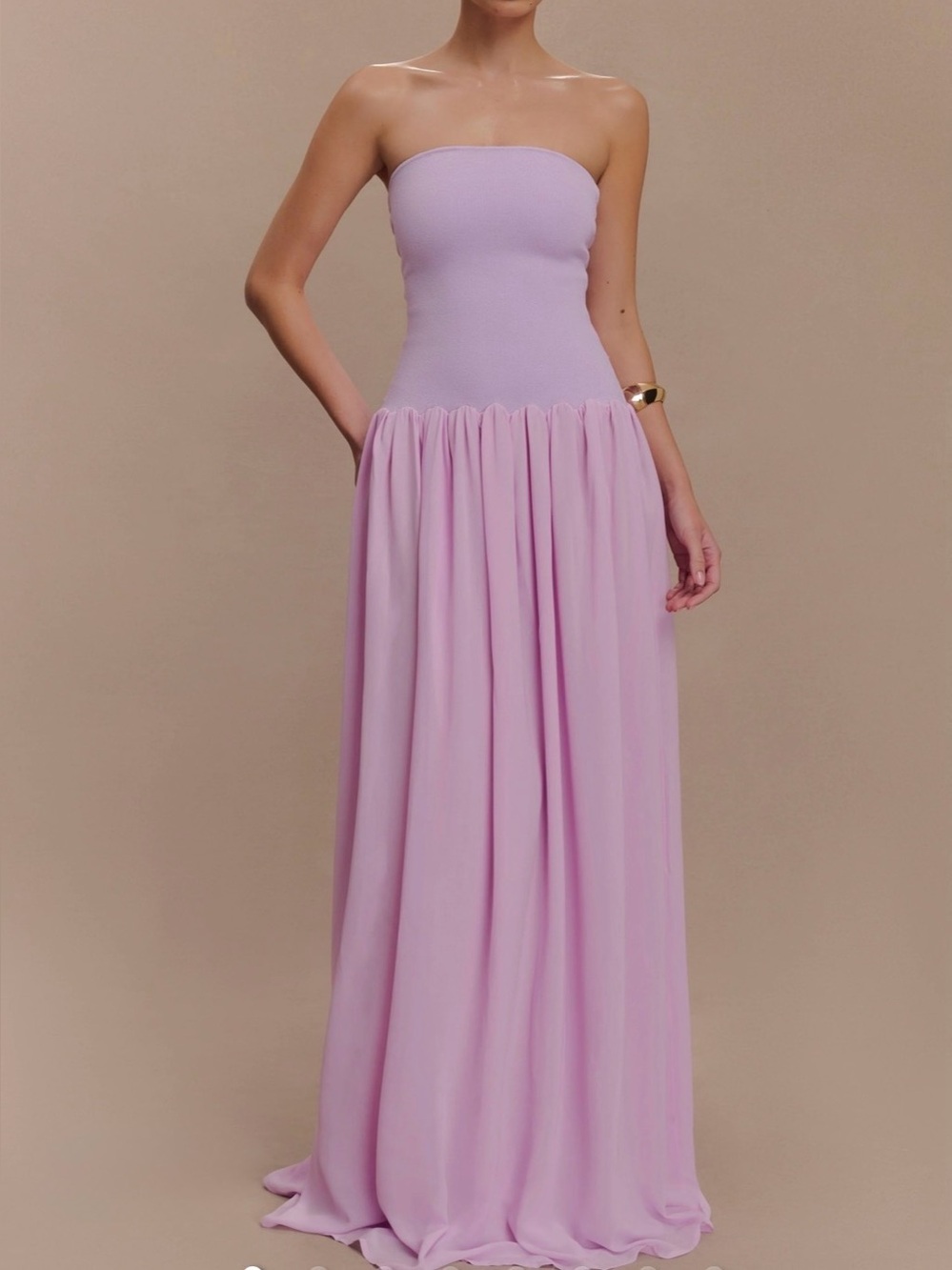 MESHKI Lyanna Knit Chiffon Strapless Maxi Dress Lilac Size S NWT